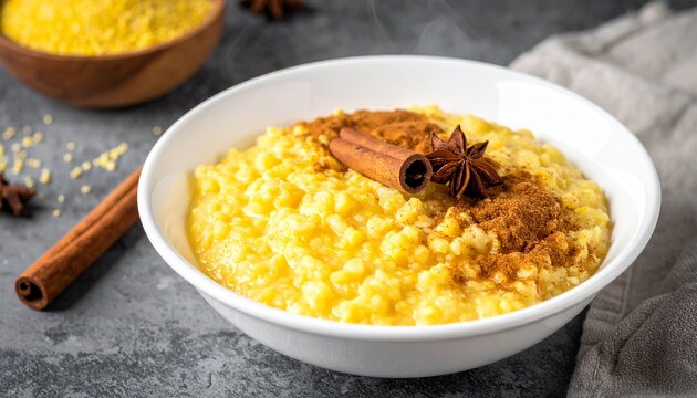 Spiced Cornmeal Mush. Traditional warm breakfast porridge garnished with star anise and cinnamon sticks.