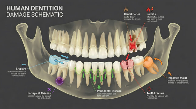 Human Dentition Damage Schematic: 3D Illustration of Dental Caries, Pulpitis, Periodontal Disease, and Impacted Molar