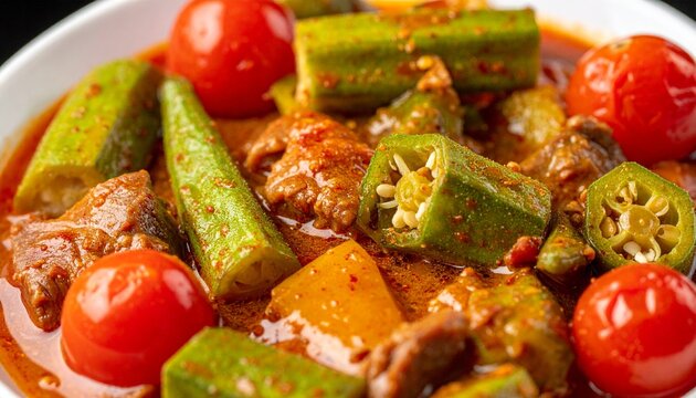 Vegetarian Okra Dish. Fresh green ladyfingers cooked with tomatoes and herbs in a spicy gravy.