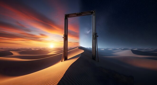 A Surreal Doorway Opening Between a Golden Desert Sunset and a Starry Night Sky