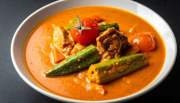 Meat and Okra Stew. Savory Middle Eastern gombo dish with beef and cherry tomatoes in spicy sauce.