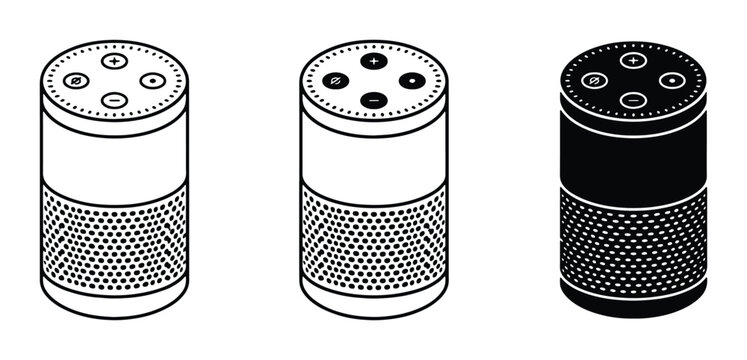 set of three black and white vector icons representing different models of voice-activated assistant devices