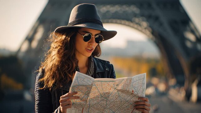 Young woman in hat and leather jacket studies a city map near the Eiffel Tower in Paris at golden hour, capturing modern urban travel, exploration and sightseeing lifestyle footage