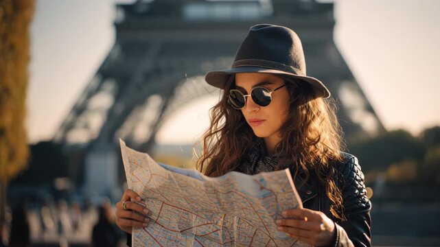 Trendy female traveler in hat and sunglasses studies a city map near the Eiffel Tower in Paris at golden hour, capturing modern urban tourism, navigation and independent exploration vibes