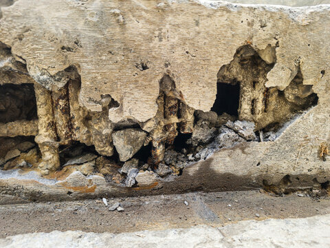 Close-up of severely damaged reinforced concrete structure with visible corroded steel rebar. Industrial building showing signs of concrete spalling and structural decay.
