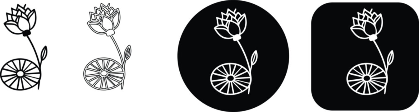 Lotus flower and dharma wheel set: outline, filled, circle, and square variations, black and white