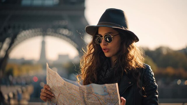Trendy female tourist in hat and sunglasses studies a city map near the Eiffel Tower in Paris, France, enjoying a sunny day and exploring the urban landmarks and travel destination