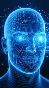 This content depicts a futuristic visualization of a human face using face recognition technologies. The dark blue neon lit environment creates a sense of high-tech innovation and security.