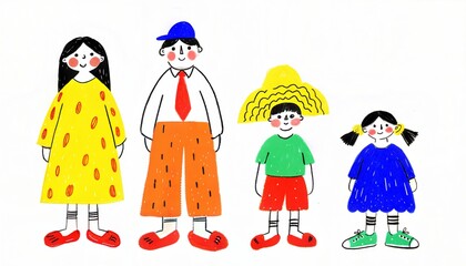 Fototapeta premium Happy Family Standing Together in Naive Art Style, Hand-Drawn Illustration of Parents and Children