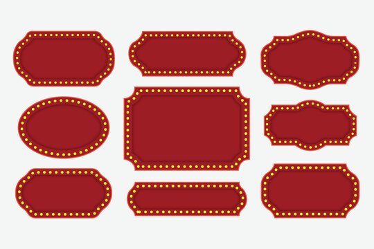 Red marquee sign board frames with light bulb borders
