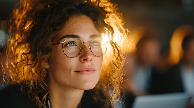 A beautiful young woman with curly hair and eyeglasses looks thoughtfully into the distance bathed in warm sunlight du a meeting indoors.