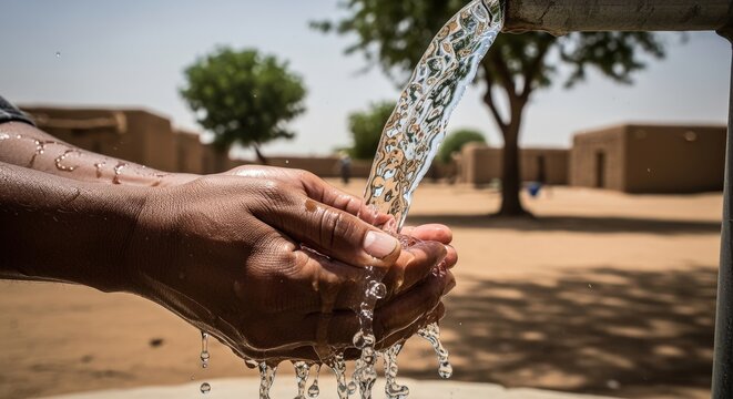 Close-up of hands cupping fresh clean water from a rural pump in a village setting. Concept of water scarcity, sustainability, and basic human needs.