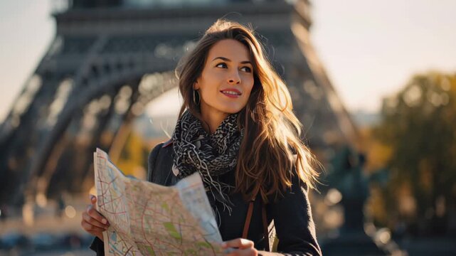 Young woman traveler standing near the Eiffel Tower in Paris, smiling while reading a city map on a sunny autumn day, capturing tourism, exploration and urban sightseeing lifestyle