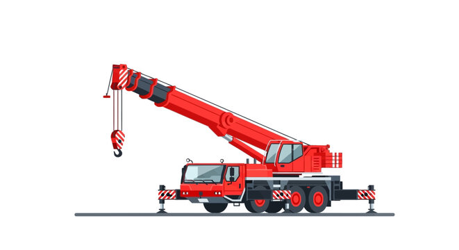 Red Mobile Truck Crane Illustration with Extended Telescopic Boom and Outriggers Isolated on White Background