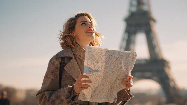 Stylish young woman stands near the Eiffel Tower in Paris, reading a city map on a sunny evening. Travel footage capturing urban exploration, independent tourism and autumn city break vibes