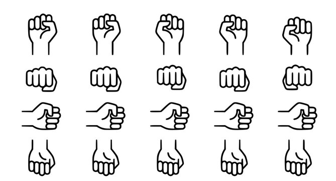 Collection of raised fist hand gestures, symbols of unity and protest.