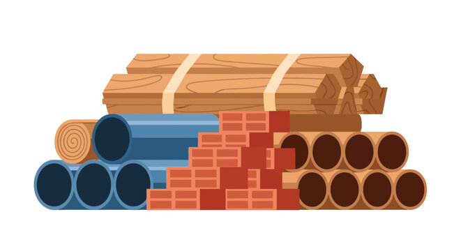Construction Materials Illustration with Timber Planks, Red Bricks, Blue and Brown Pipes Isolated on White Background for Building and Renovation Concepts