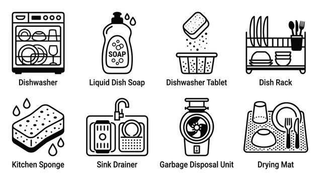 Dishwasher, dish soap, tablet, rack, sponge, sink drainer, garbage disposal, drying mat.