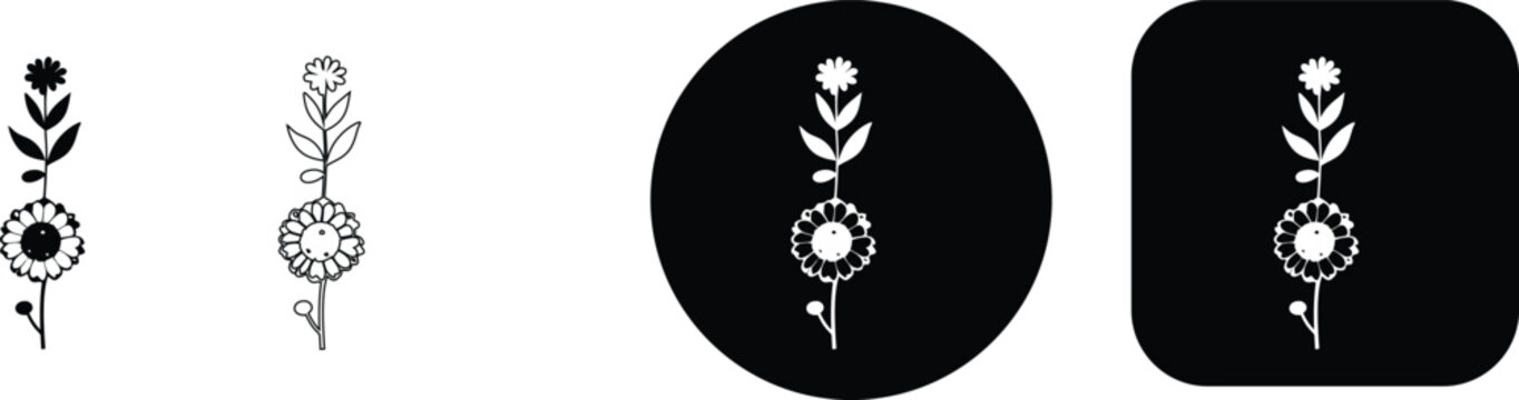 Black and white of a stylized sunflower with stem and leaves, in solid, outline, circle, and rounded square