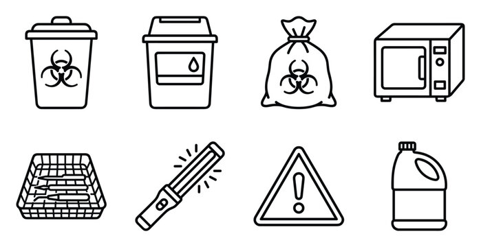 Disposal and safety icons for medical waste and hazardous materials including biohazard bins and warning signs.