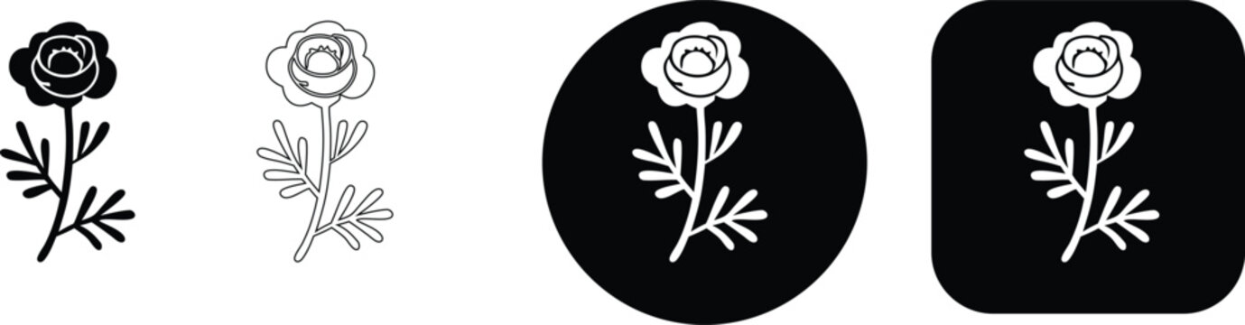 Black and white of a rose with stem and leaves, presented in solid, outline, circle, and rounded square formats