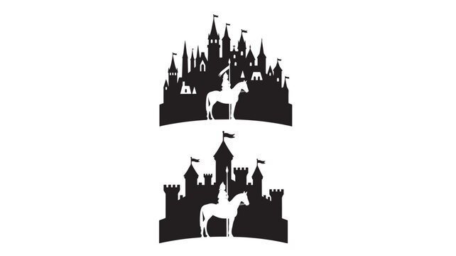 Castle silhouette with knight on horse in black heraldry style for medieval banner and logo design featuring coat of arms, fortress, tower with