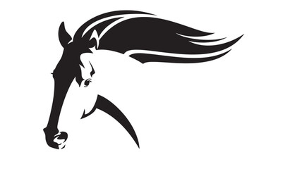 Horse head silhouette with flowing mane and detailed line art in black and white on plain background © Harry 
