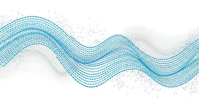 Abstract wavy lines formed by blue dashed strokes and white halftone dots on a solid black background, digital