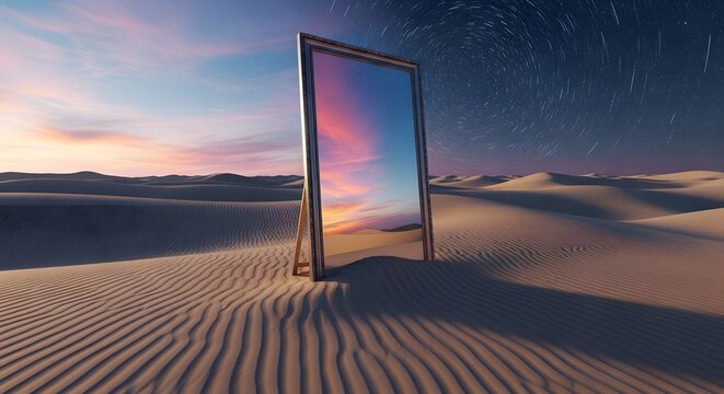 A surreal mirror in a vast desert reflects a vivid sunset, creating a stunning visual paradox against the star-filled night sky and endless sand dunes