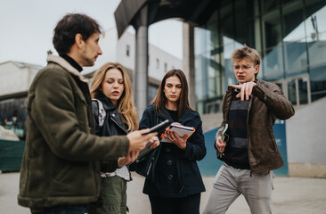 Obraz premium A group of four students learning outdoors and discussing notes in front of a campus building. Casual study session shows peers collaborating and sharing ideas outside.