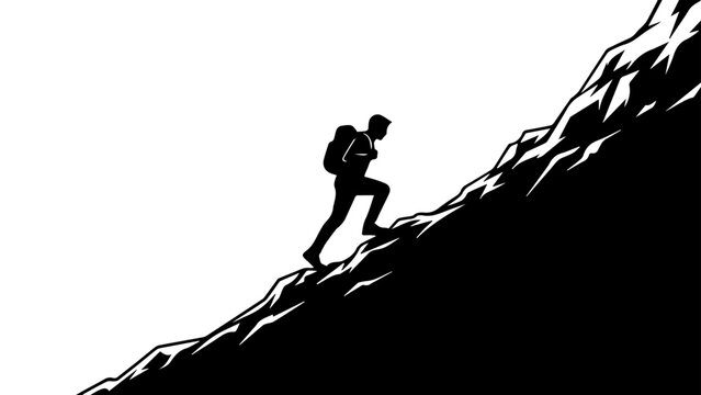 Minimalist Mountain Climber Silhouette Hiking Steep Rocky Cliff Adventure Vector Art