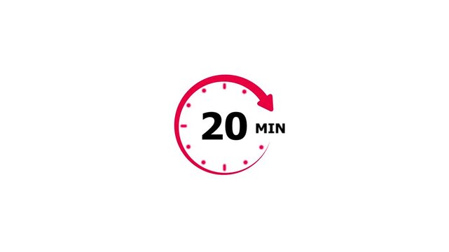 20 minutes Countdown Timer Animation with Red Rotating Arrow on White Background. Red circle timer icon concept. 4k video