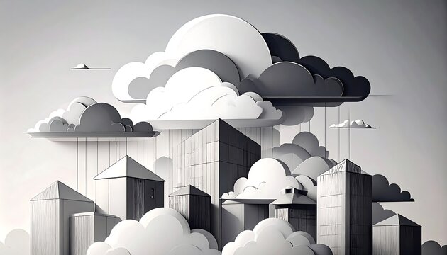 Stylized black-and-white depiction of a city with layered clouds overhead, giving a unique and artistic perspective