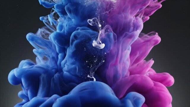 Mesmerizing dance of vibrant indigo and fuchsia ink plumes expanding gracefully in water, creating a captivating abstract spectacle of fluid art and color dynamics