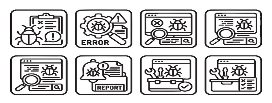 Illustrations of error icons and bugs on computer screens and reports are shown.