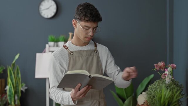 Man florist in apron reads a book and gently touches flowers while referencing notes and arranging blooms in a studio; calm plant care.