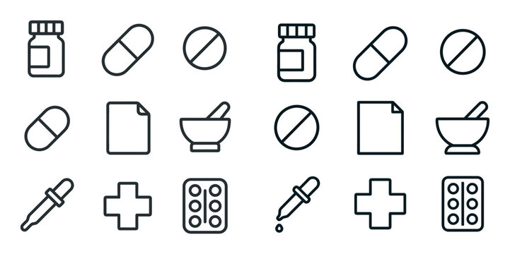 Medical icons with pill bottle mortar minimal