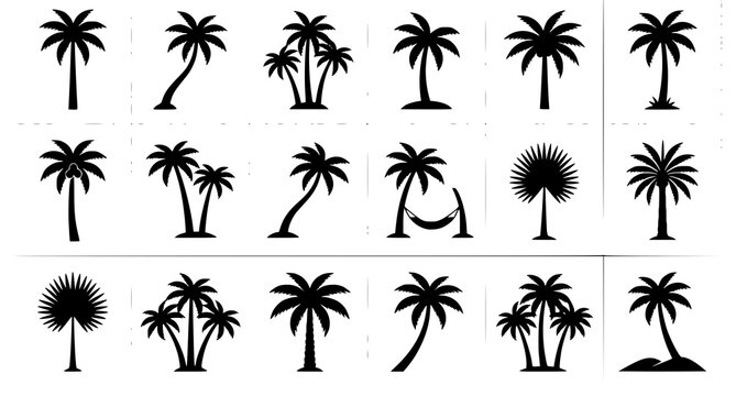 Set of tropical palm tree silhouettes with hammock and beach elements.