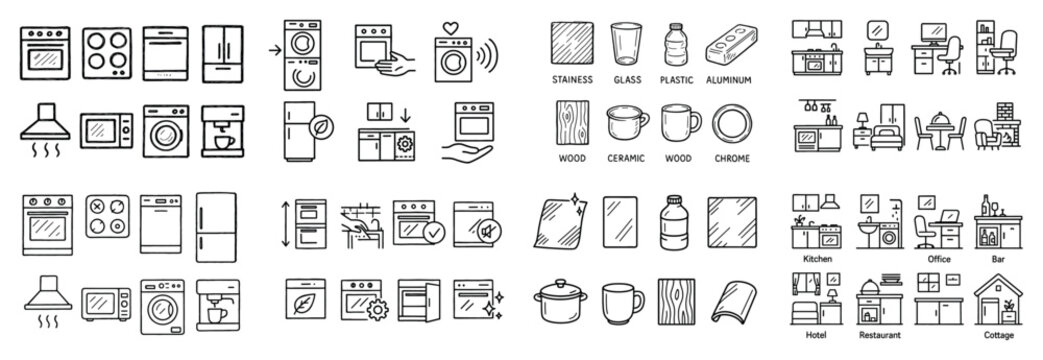 Household icons with oven fridge mug outline