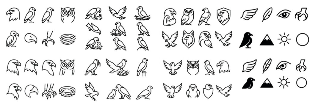 Bird icons with owl eagle nest minimal outline