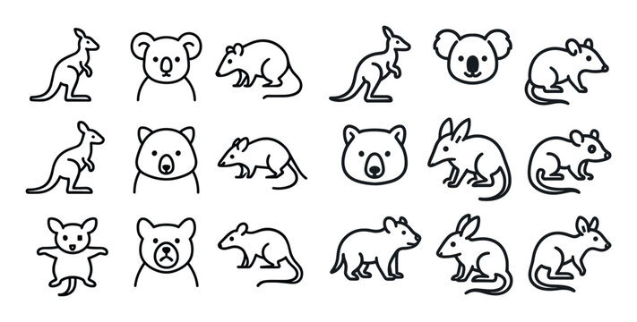 Australian wildlife icons with kangaroo koala outline