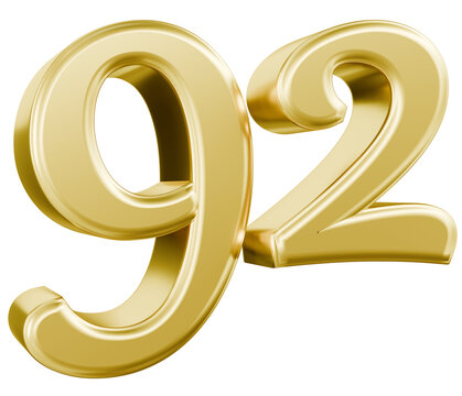 Large metallic gold number 92 3D render