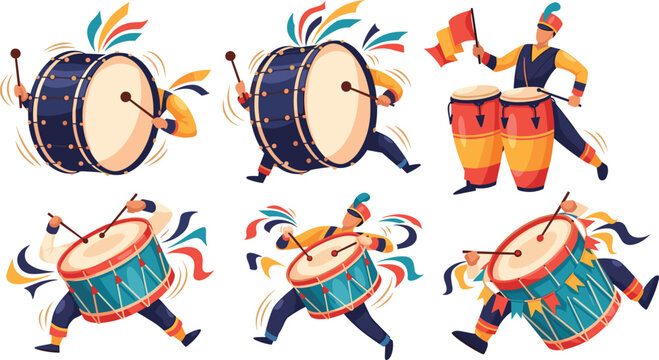 Marching Band Drum Icon Set with Colorful Bass Drums, Snare Drums, Congas, and Musicians for Parade, Festival, and Music Vector Designs
