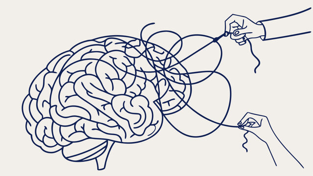 Hands untangling a complex web of thoughts within a stylized brain illustration
