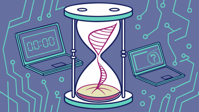 Hourglass with DNA helix symbolizing time and genetics, flanked by laptops showing digital progress and questions.