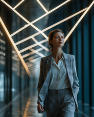 Fototapeta premium Confident in a Modern Architectural Space: A poised professional woman, dressed in a sleek suit, strides confidently through a futuristic hallway, her gaze fixed with determination.