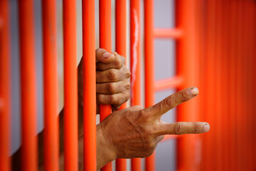 Obraz premium Hands Making Peace Sign Through Colorful Metal Bars of Prison Cell