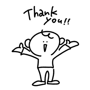 thank you! 手を広げて笑顔で感謝のメッセージを伝える男性キャラクターの手描きのかわいいモノクロ線画