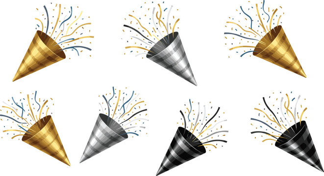 Metallic Party Poppers Icon Set with Gold, Silver, and Black Celebration Cones, Streamers, and Confetti for Event, Festival, and Luxury Party Vector Designs