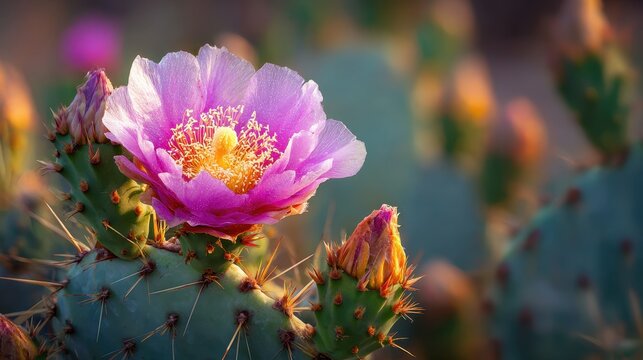 Macro photograph of a pink and yellow prickly pear flower on sunlit cactus pad